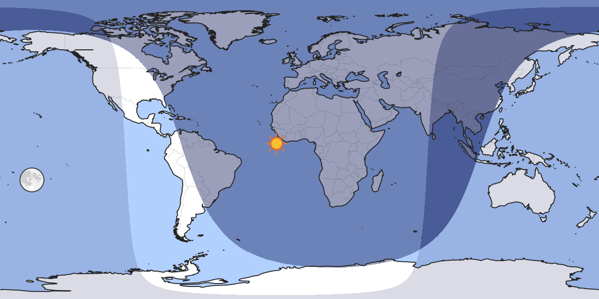 Kartet viser hvor i verden månen er over horisonten akkurat nå.