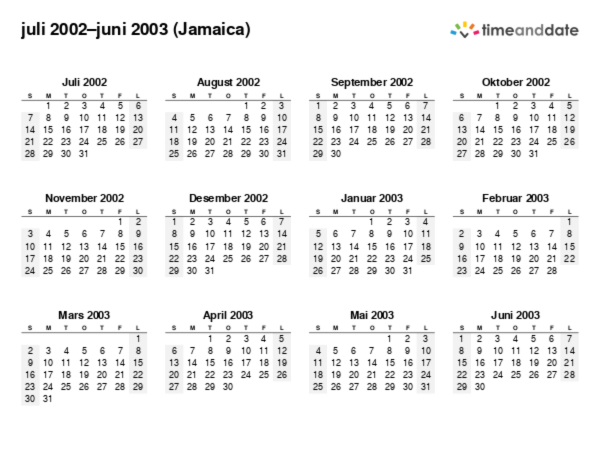 Kalender for 2002 i Jamaica