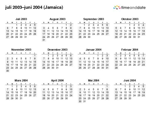 Kalender for 2003 i Jamaica