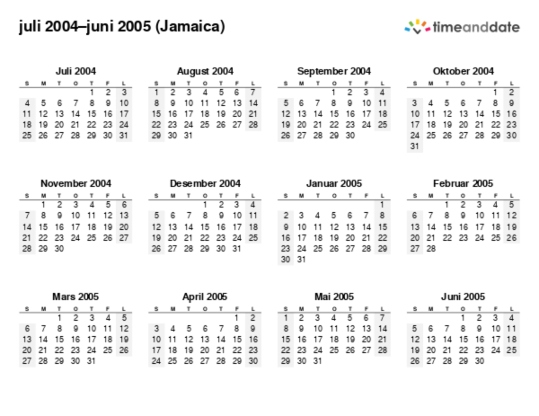 Kalender for 2004 i Jamaica