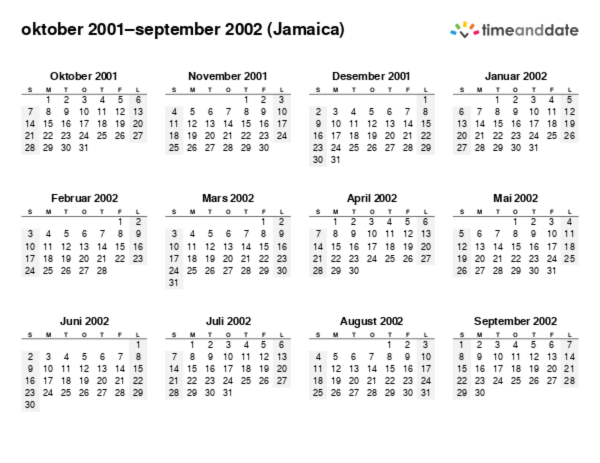 Kalender for 2001 i Jamaica