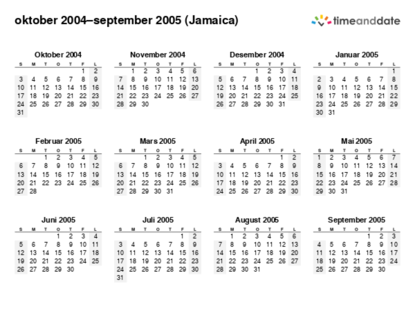 Kalender for 2004 i Jamaica