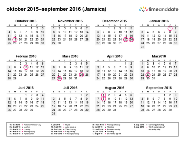 Kalender for 2015 i Jamaica