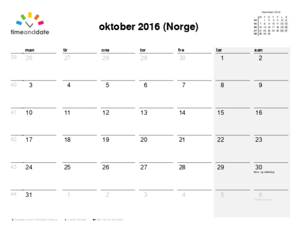 Kalender for 2016 i Norge