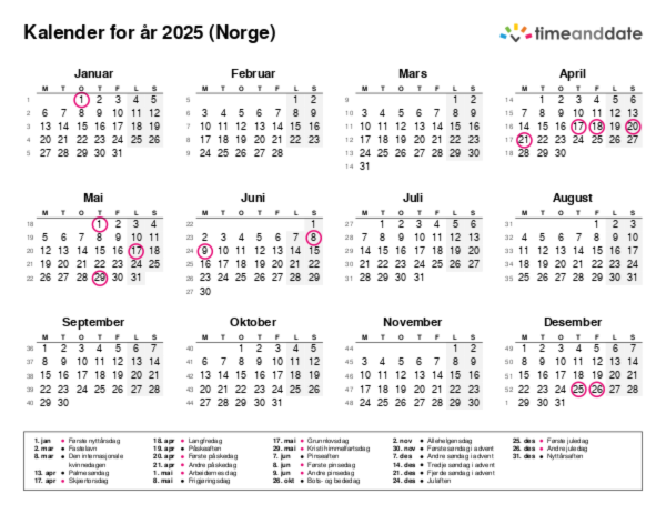 Kalender for 2025 i Norge