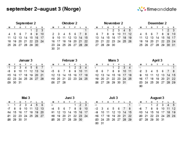 Kalender for 2 i Norge