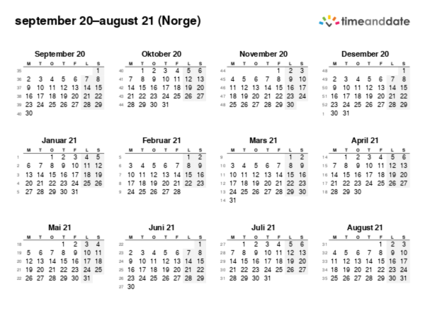 Kalender for 20 i Norge