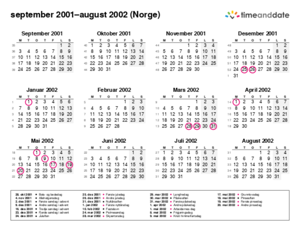 Kalender for 2001 i Norge