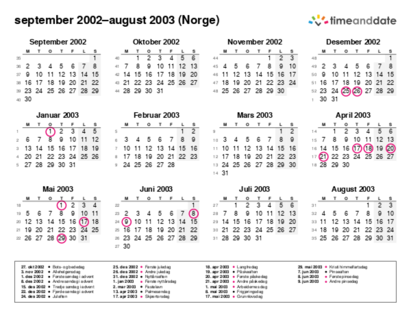 Kalender for 2002 i Norge