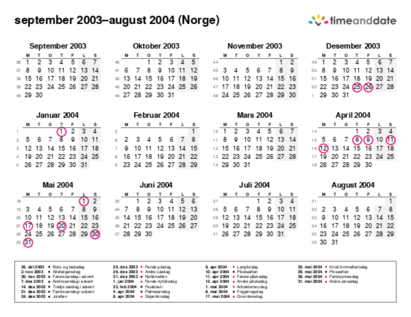 Kalender for 2003 i Norge