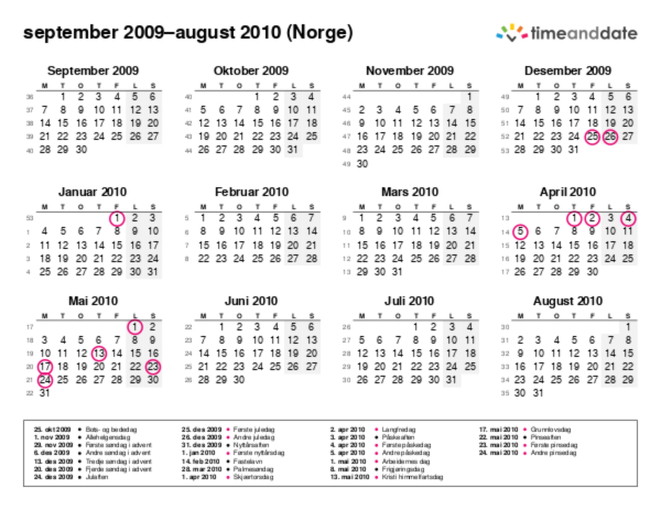 Kalender for 2009 i Norge