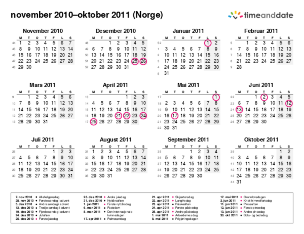 Kalender for 2010 i Norge