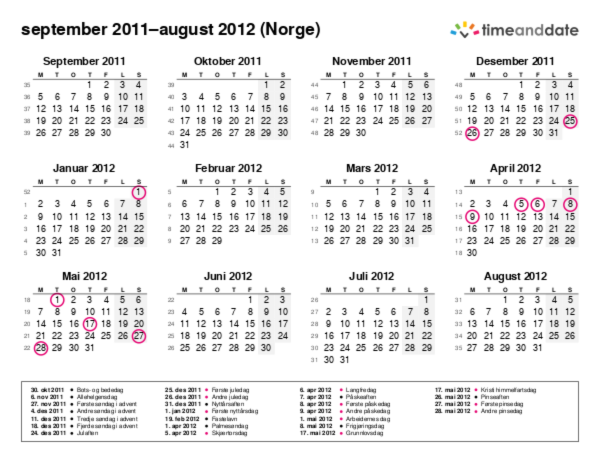 Kalender for 2011 i Norge