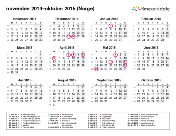 Kalender for 2014 i Norge