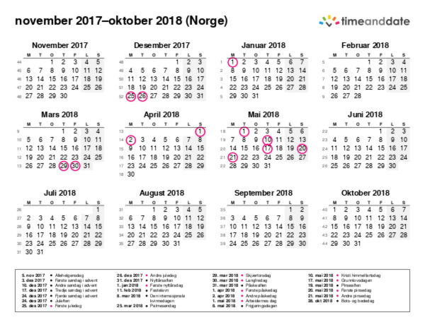 Kalender for 2017 i Norge