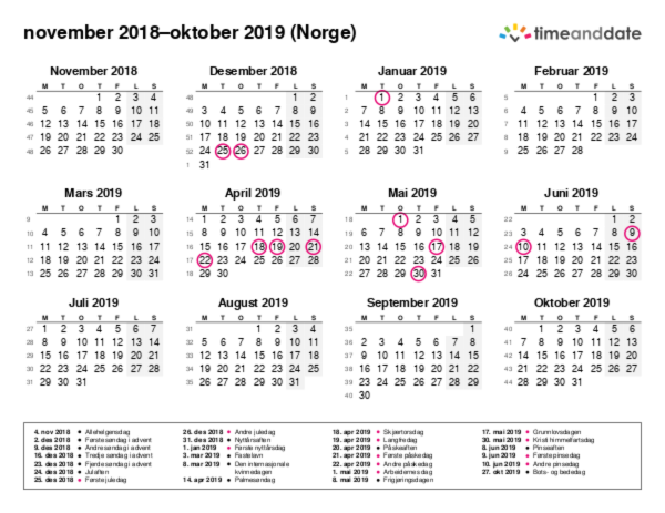 Kalender for 2018 i Norge