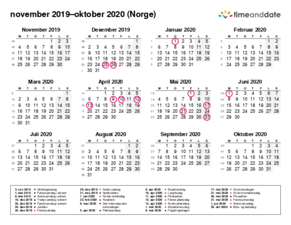 Kalender for 2019 i Norge