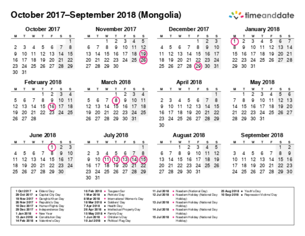 Kalender for 2017 i Mongolia