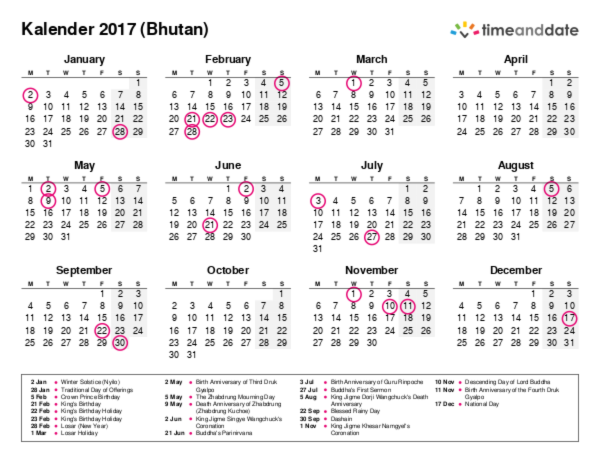 Kalender for 2017 i Bhutan