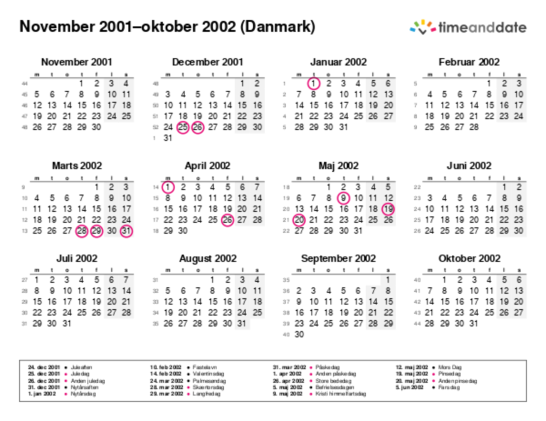 Kalender for 2001 i Danmark