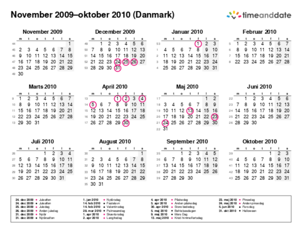 Kalender for 2009 i Danmark