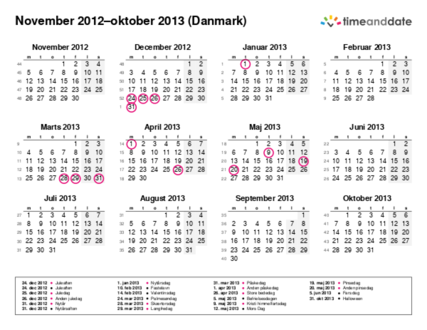 Kalender for 2012 i Danmark