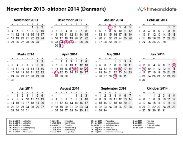 Kalender for 2013 i Danmark