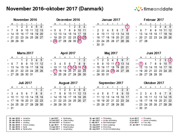 Kalender for 2016 i Danmark