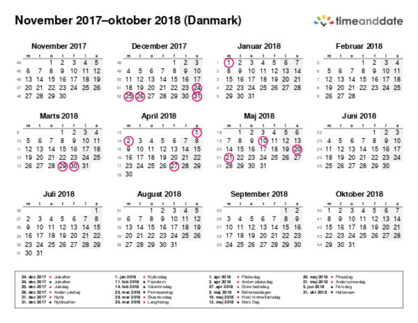 Kalender for 2017 i Danmark