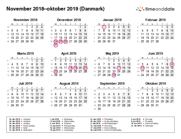 Kalender for 2018 i Danmark