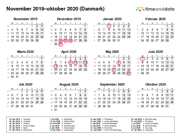 Kalender for 2019 i Danmark