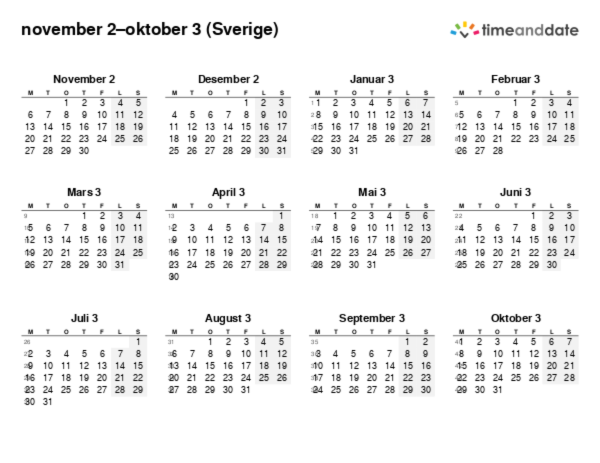 Kalender for 2 i Sverige