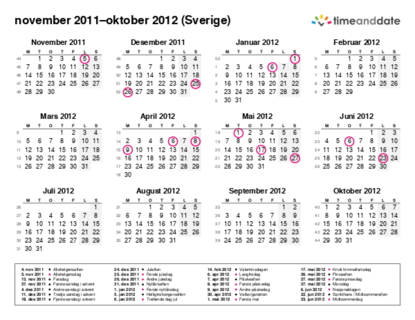 Kalender for 2011 i Sverige