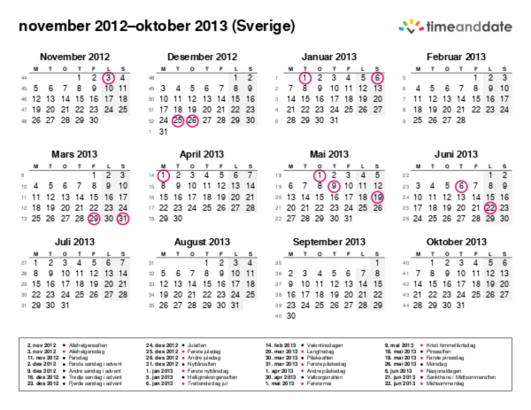 Kalender for 2012 i Sverige