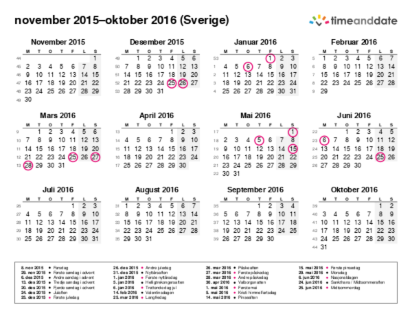 Kalender for 2015 i Sverige