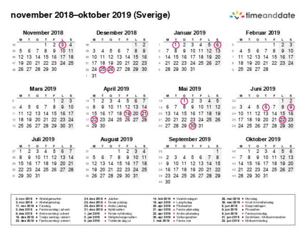 Kalender for 2018 i Sverige