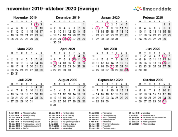 Kalender for 2019 i Sverige