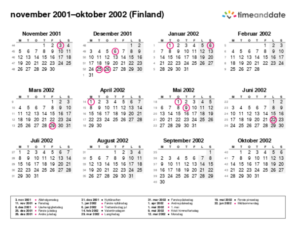 Kalender for 2001 i Finland