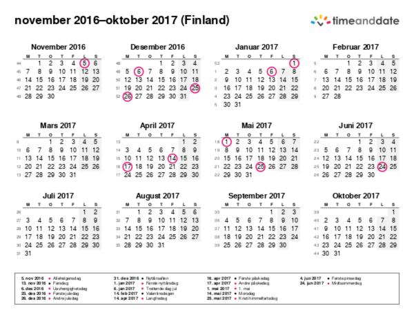 Kalender for 2016 i Finland