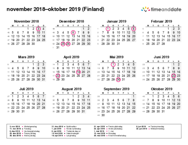 Kalender for 2018 i Finland