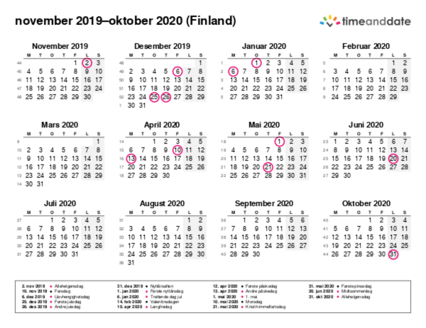 Kalender for 2019 i Finland