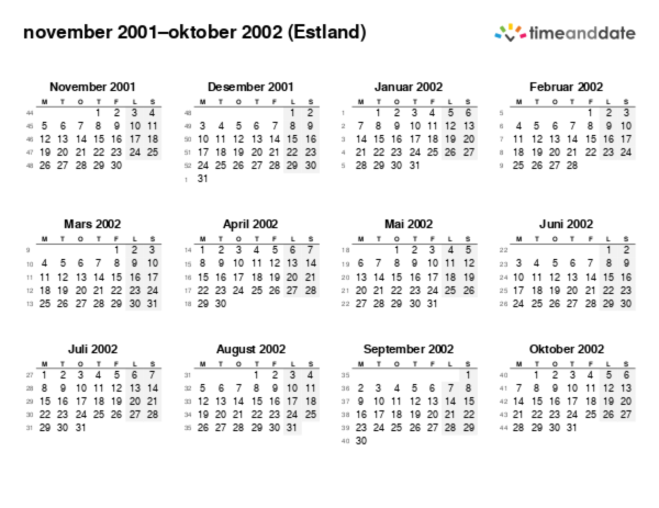 Kalender for 2001 i Estland