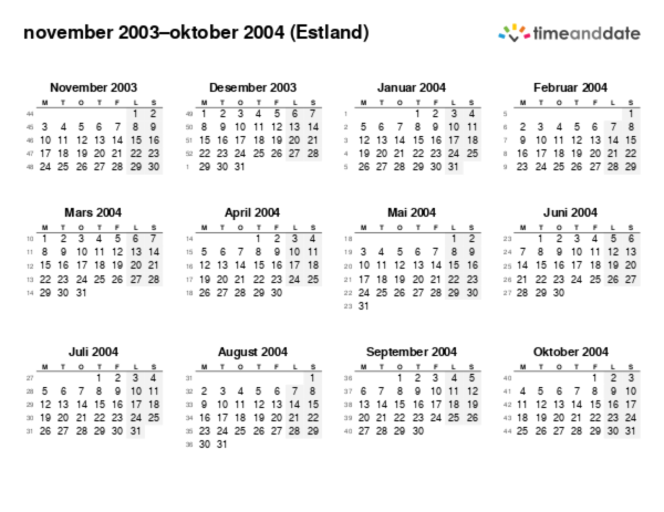 Kalender for 2003 i Estland