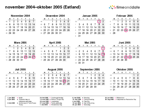 Kalender for 2004 i Estland