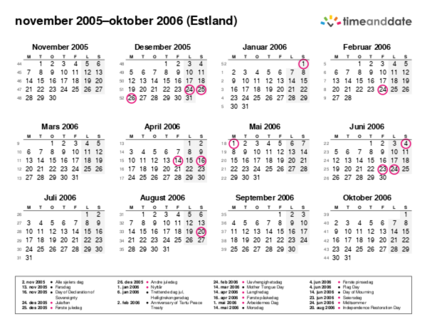 Kalender for 2005 i Estland