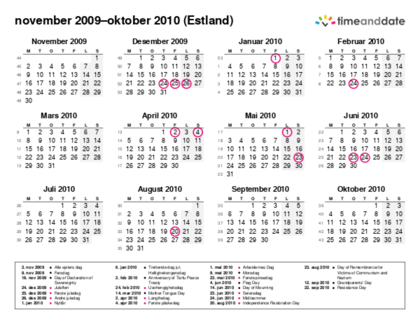 Kalender for 2009 i Estland