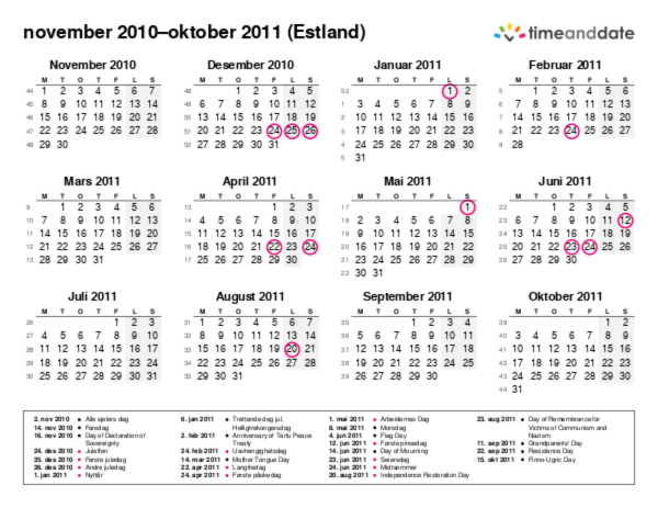 Kalender for 2010 i Estland