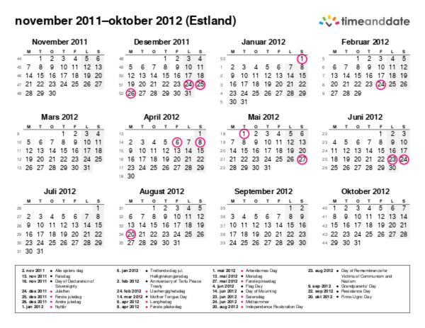 Kalender for 2011 i Estland