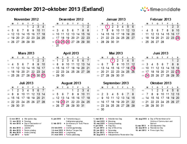 Kalender for 2012 i Estland