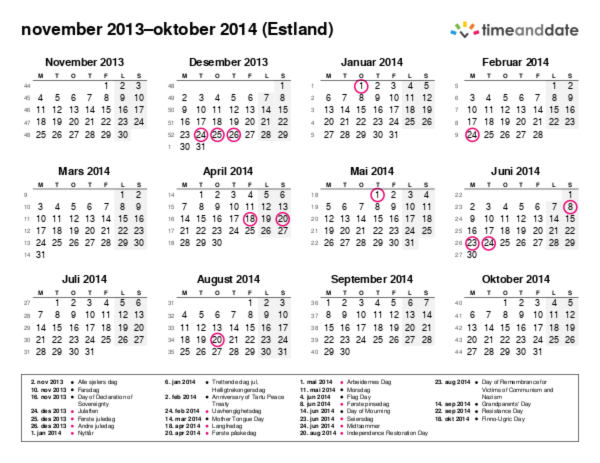 Kalender for 2013 i Estland